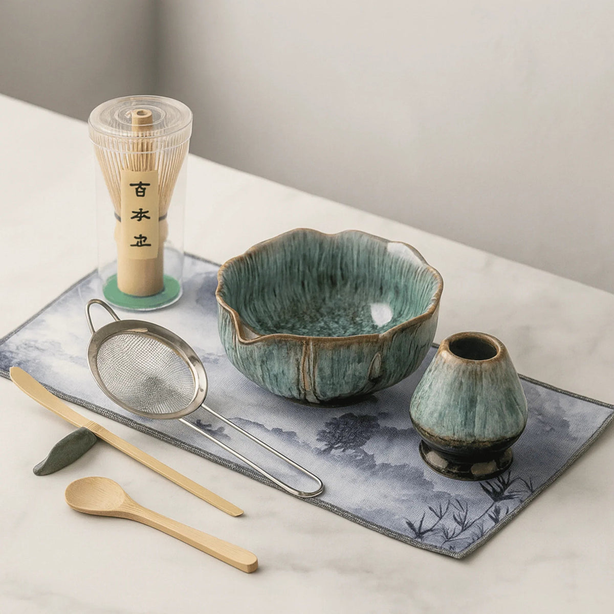 Matcha Tea Set 8 Piece Ceramic Bowl Bamboo Whisk and Sieves