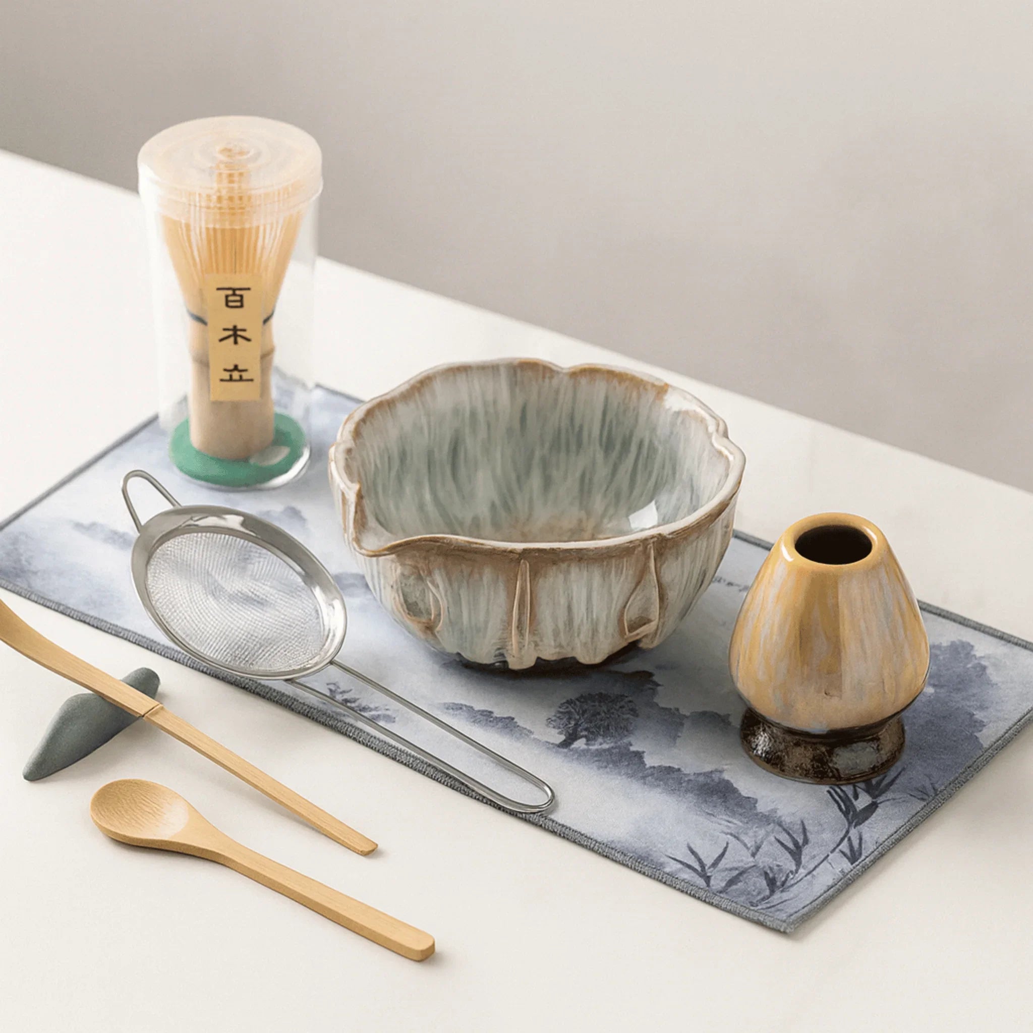 Matcha Tea Set 8 Piece Ceramic Bowl Bamboo Whisk and Sieves