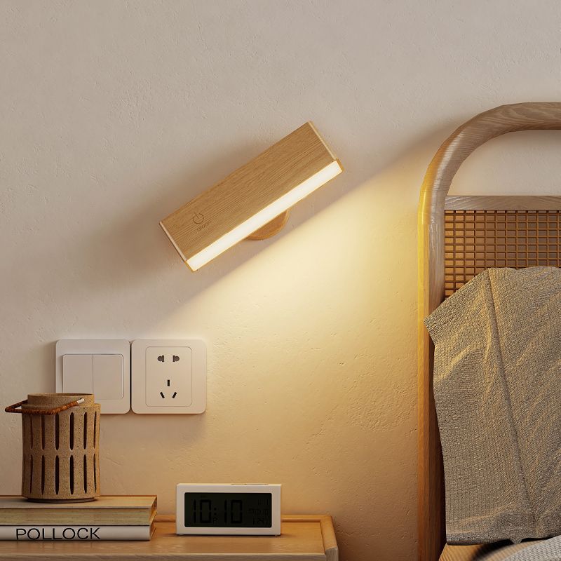 Rechargeable Wall Light Wood Magnetic Mount 360 Rotating Remote Dimmable Type-C Bedside Reading