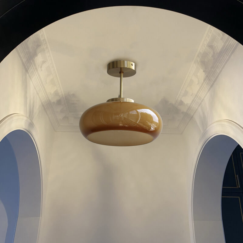 Semi Flush Mount Ceiling Light Brass Amber Glass Vintage Hallway Bedroom Living Room