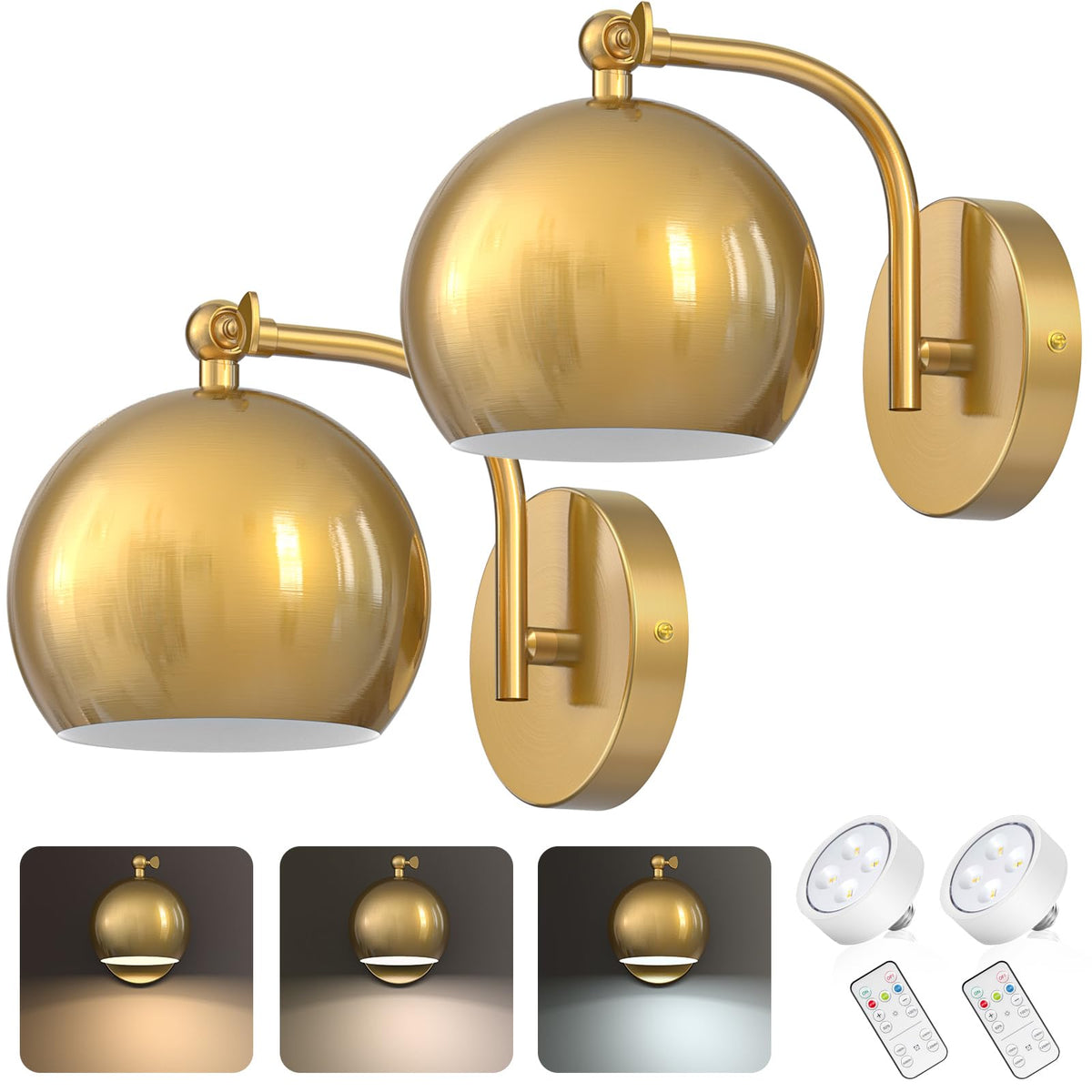 Battery Wall Sconce Set of 2 Globe Metal Shade Wireless Remote Control Dimmable Timer Bedside Bedroom