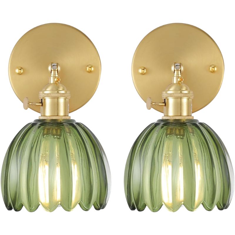 Vintage Wall Sconce Set of 2 Fluted Glass Shade Brass Fitting Hardwired Bedroom Hallway Living Room