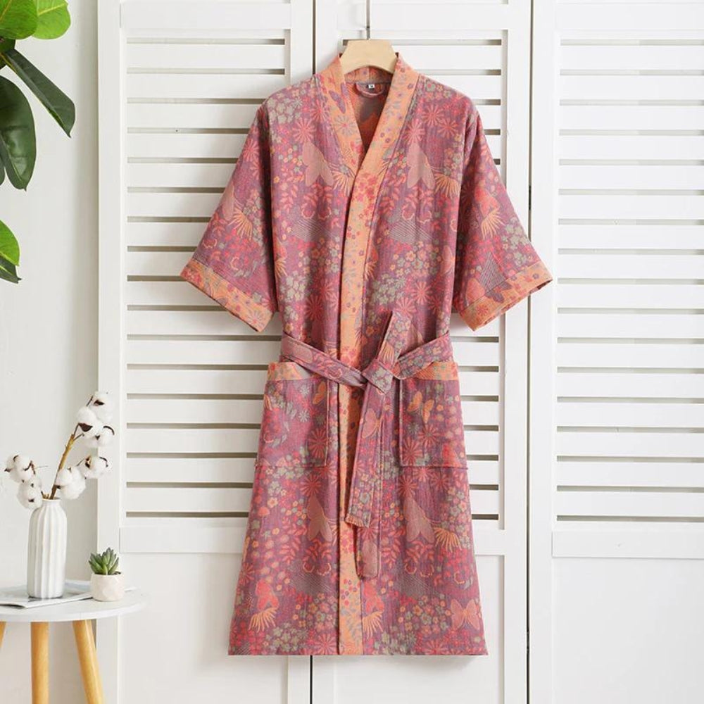 Bathrobe Double Layer Mesh Weave Vintage Floral Print Lounge Spa Robe