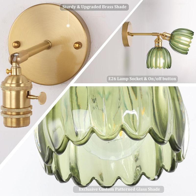 Vintage Wall Sconce Set of 2 Fluted Glass Shade Brass Fitting Hardwired Bedroom Hallway Living Room