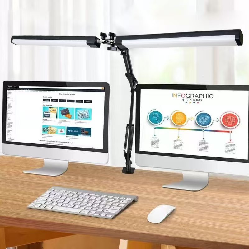 Desk Lamp LED Double Head Clip On Folding Long Arm Dimmable USB Monitor Office Craft Light