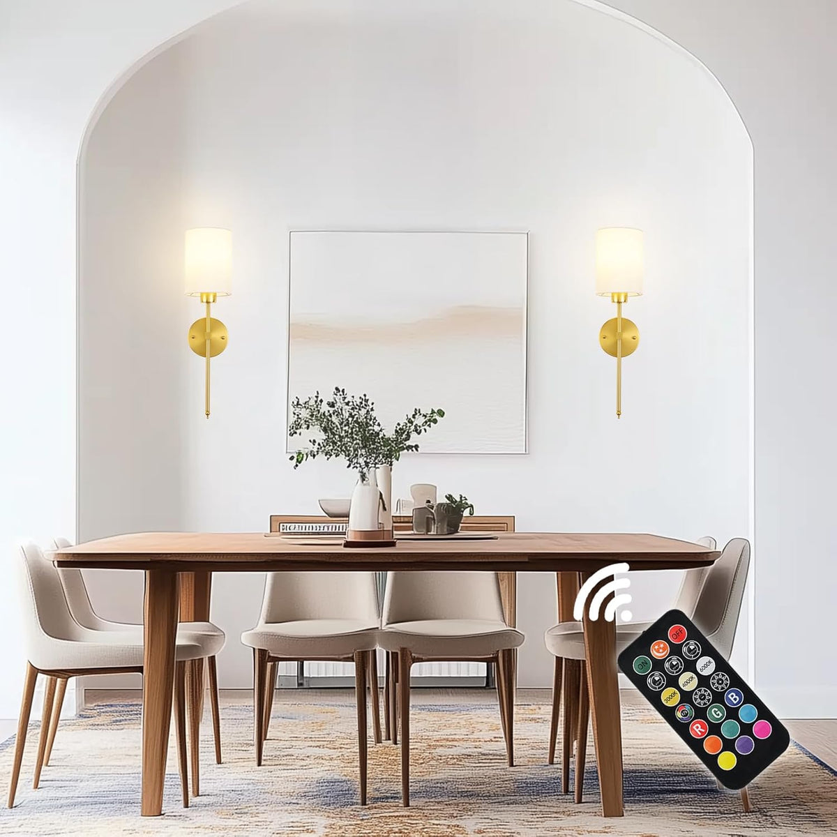 Battery Wall Sconce Set of 2 Cylinder Fabric Shade Rechargeable RGB Remote Timer Dimmable Dining Room