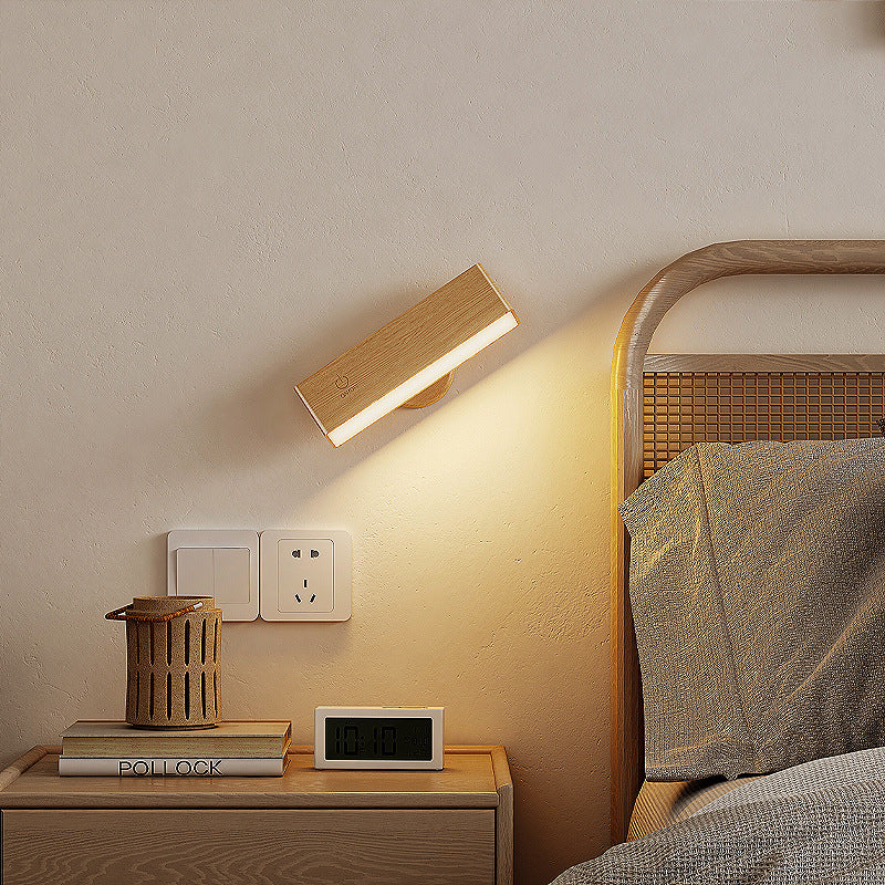 Rechargeable Wall Light Wood Magnetic Mount 360 Rotating Remote Dimmable Type-C Bedside Reading
