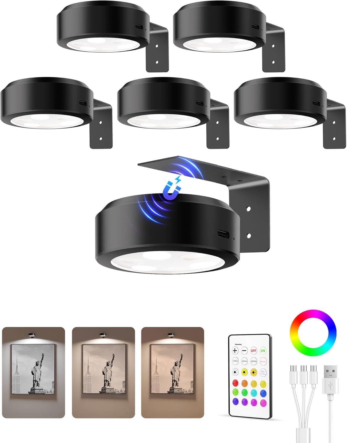 Picture Lights Wireless Puck LED Magnetic Bracket Rechargeable Remote Timer Dimmable Photo Frame Art