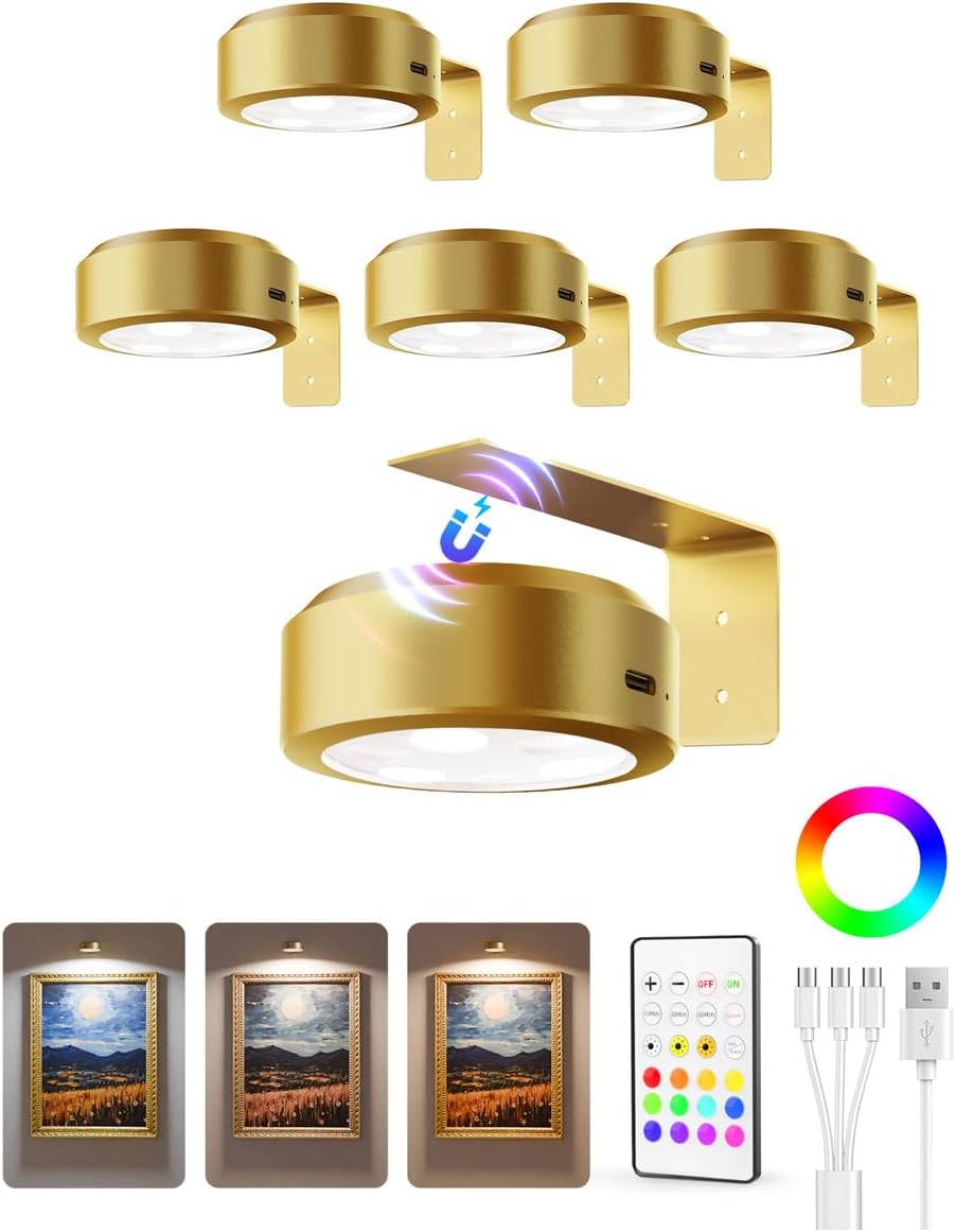 Picture Lights Wireless Puck LED Magnetic Bracket Rechargeable Remote Timer Dimmable Photo Frame Art