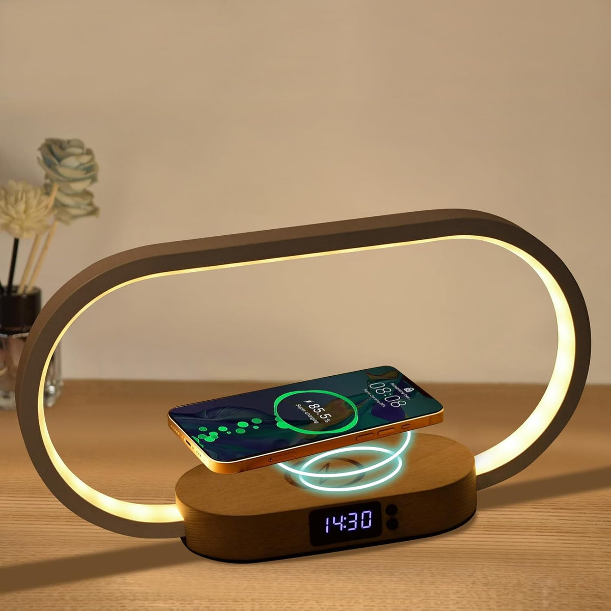 Wireless Charging Lamp Bedside Table Lamp Digital Clock LED Dimmable Wood Base USB