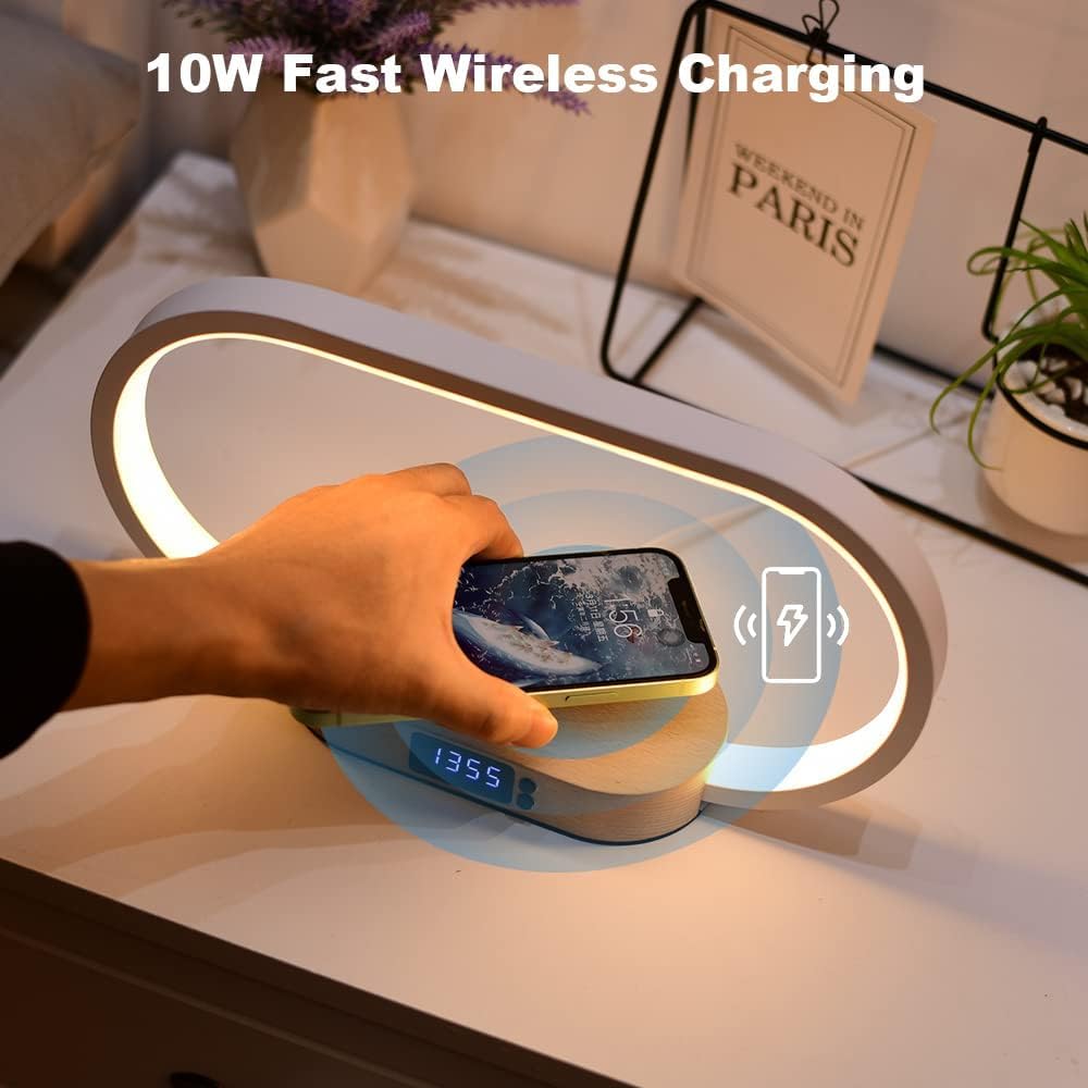 Wireless Charging Lamp Bedside Table Lamp Digital Clock LED Dimmable Wood Base USB