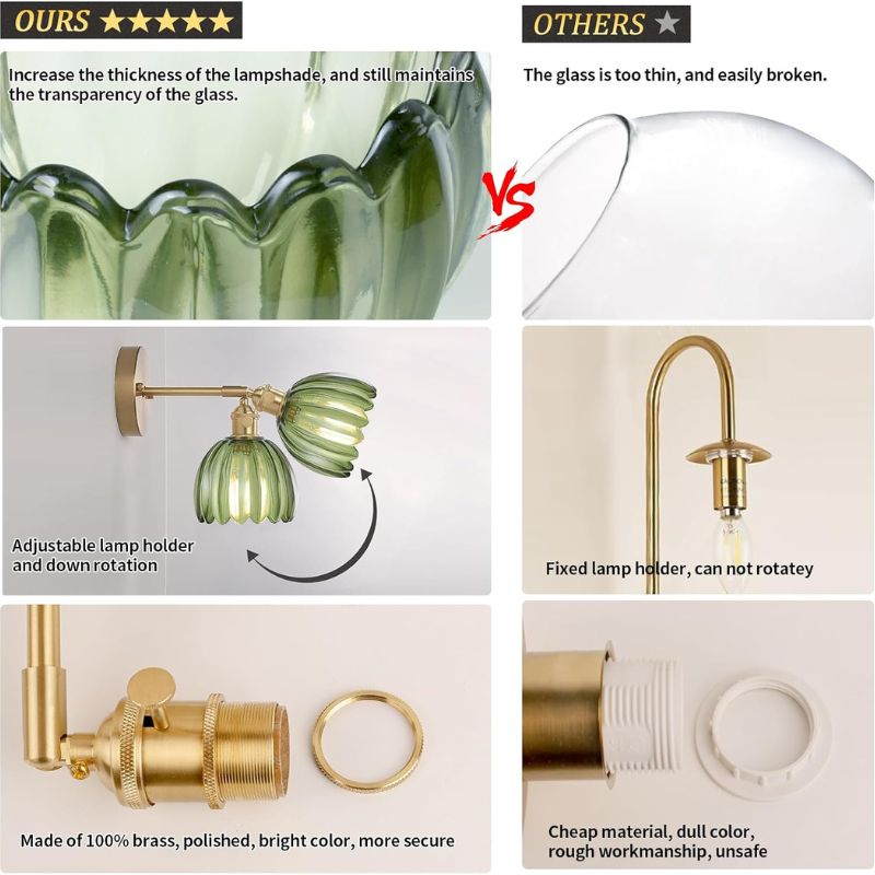 Vintage Wall Sconce Set of 2 Fluted Glass Shade Brass Fitting Hardwired Bedroom Hallway Living Room