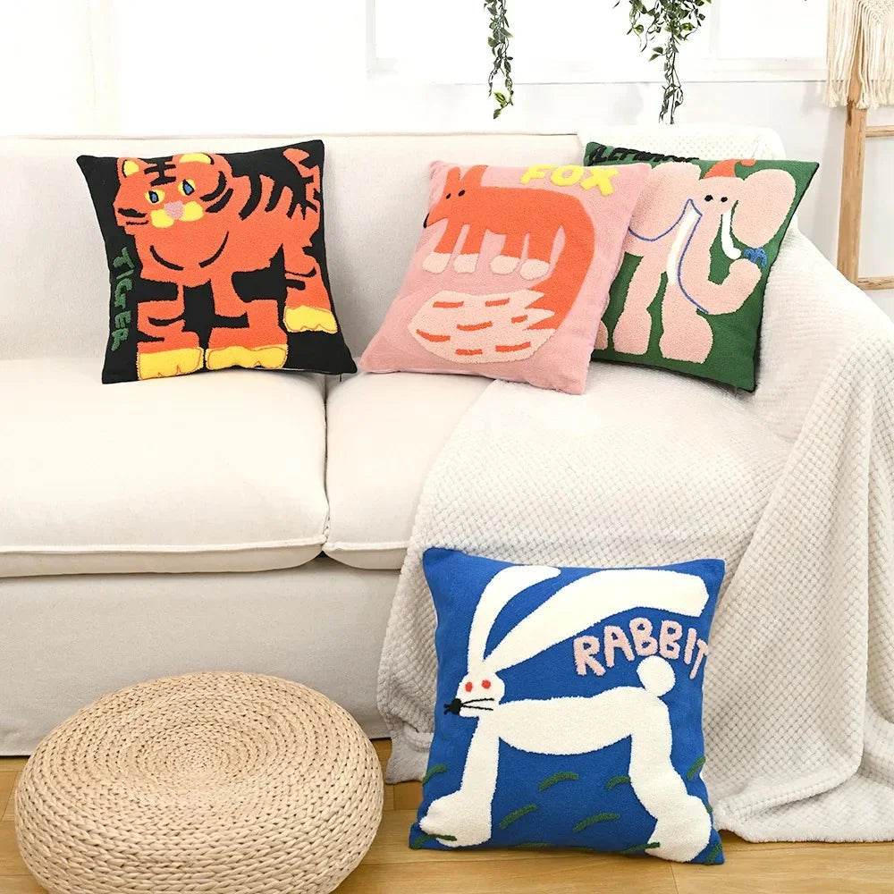 Animal Tufted Cushion Cover with Embroidered Design