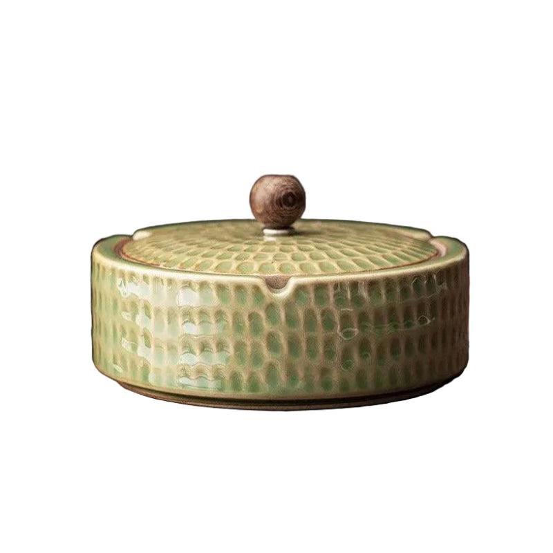 Ceramic Cigarette Ashtray Wood Lid Covered Ashtray