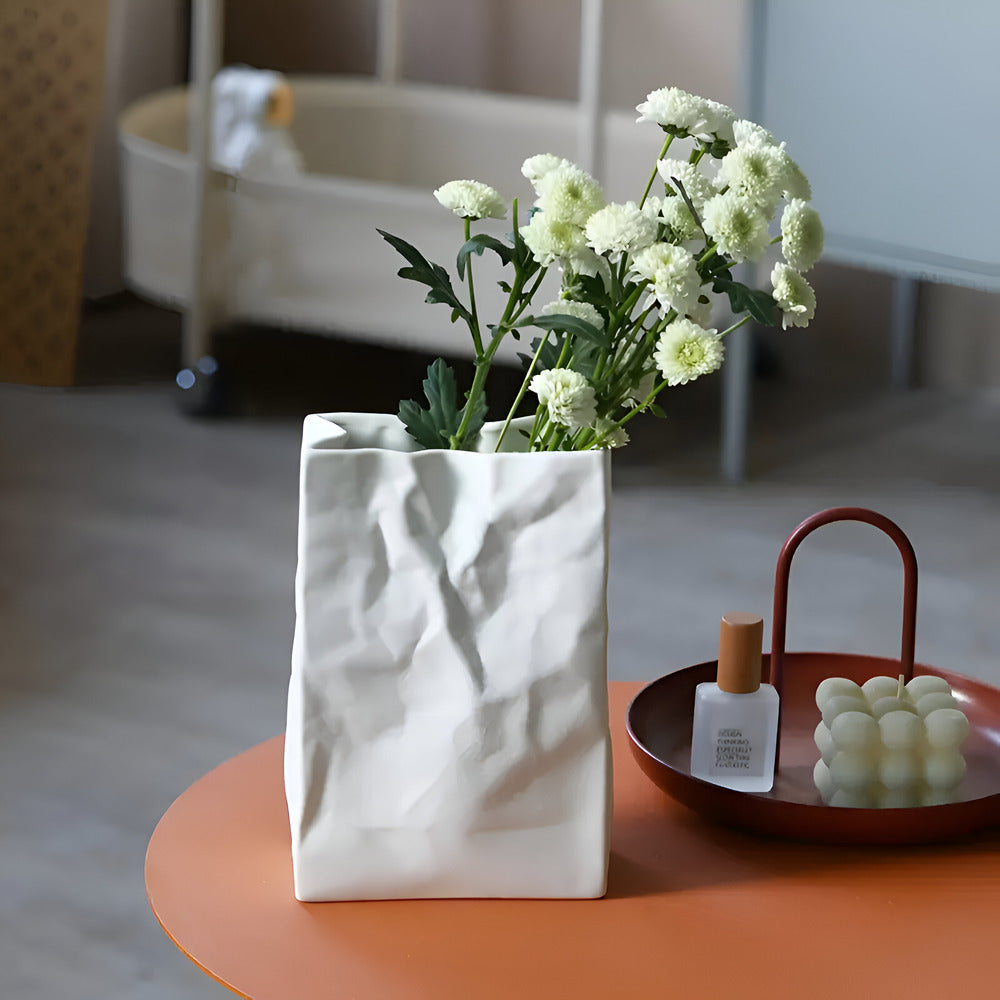 Ceramic Flower Vase with Crumpled Paper Design