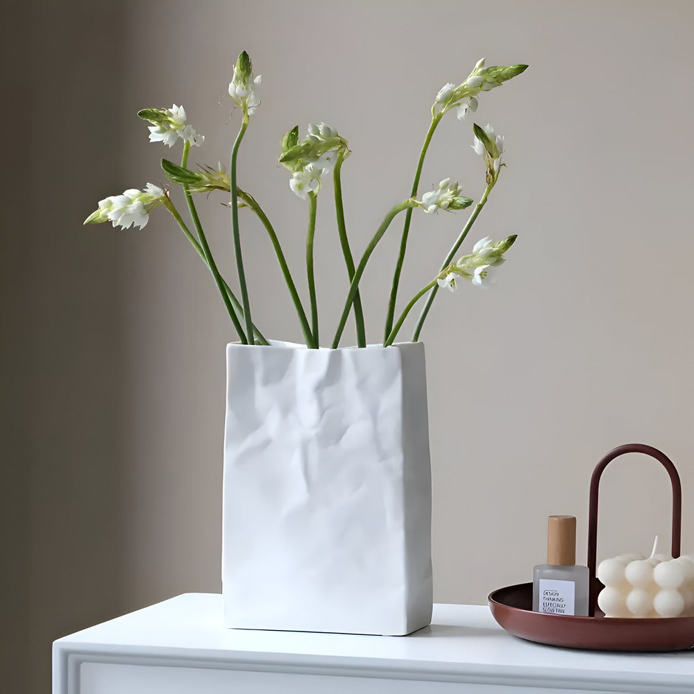 Ceramic Flower Vase with Crumpled Paper Design