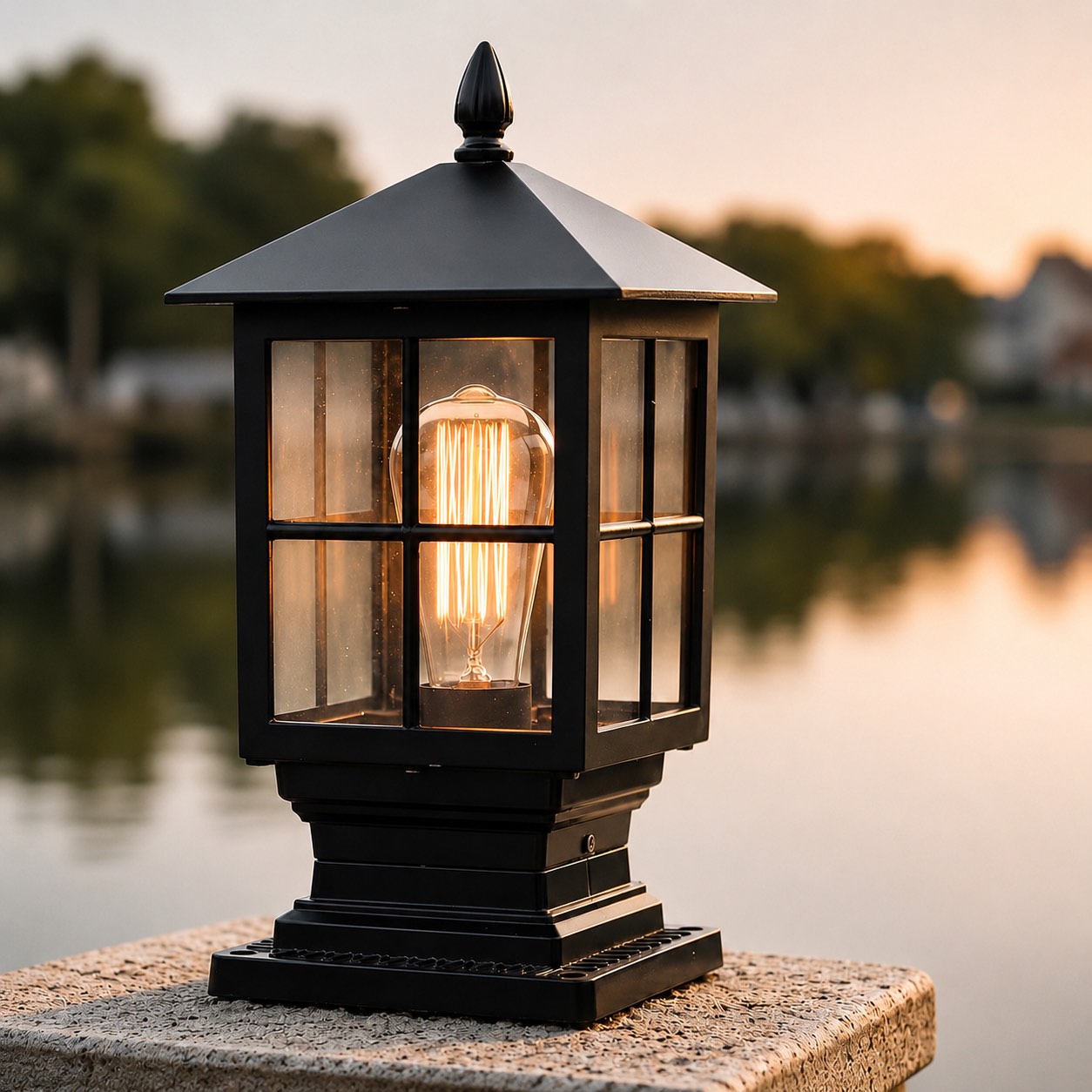 Traditional Outdoor Pillar Light with Glass Shade and LED