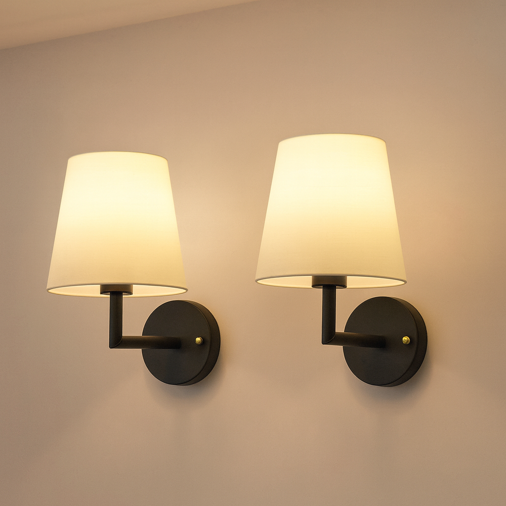 Battery Powered Wall Light Set of 2 Fabric Shade Iron Frame Rechargeable Remote Dimmable Bedroom