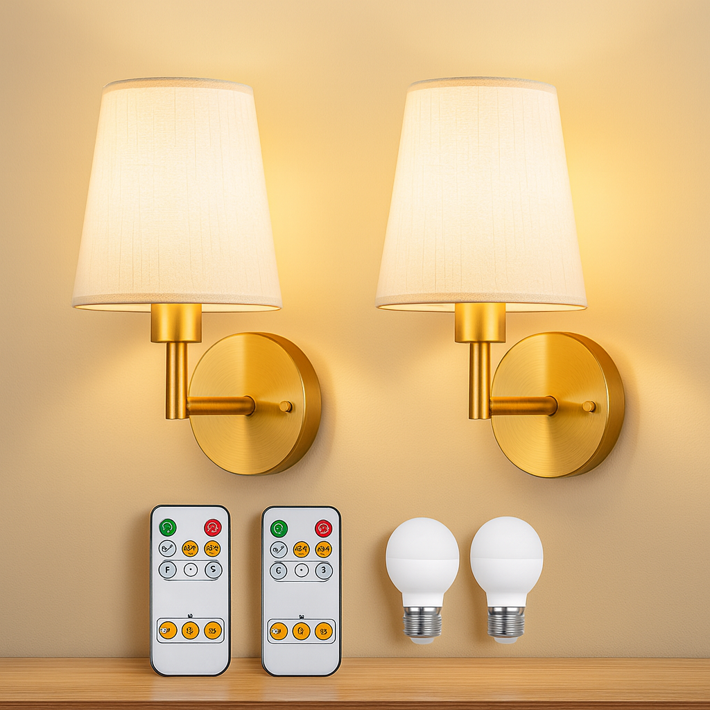 Battery Powered Wall Light Set of 2 Fabric Shade Iron Frame Rechargeable Remote Dimmable Bedroom