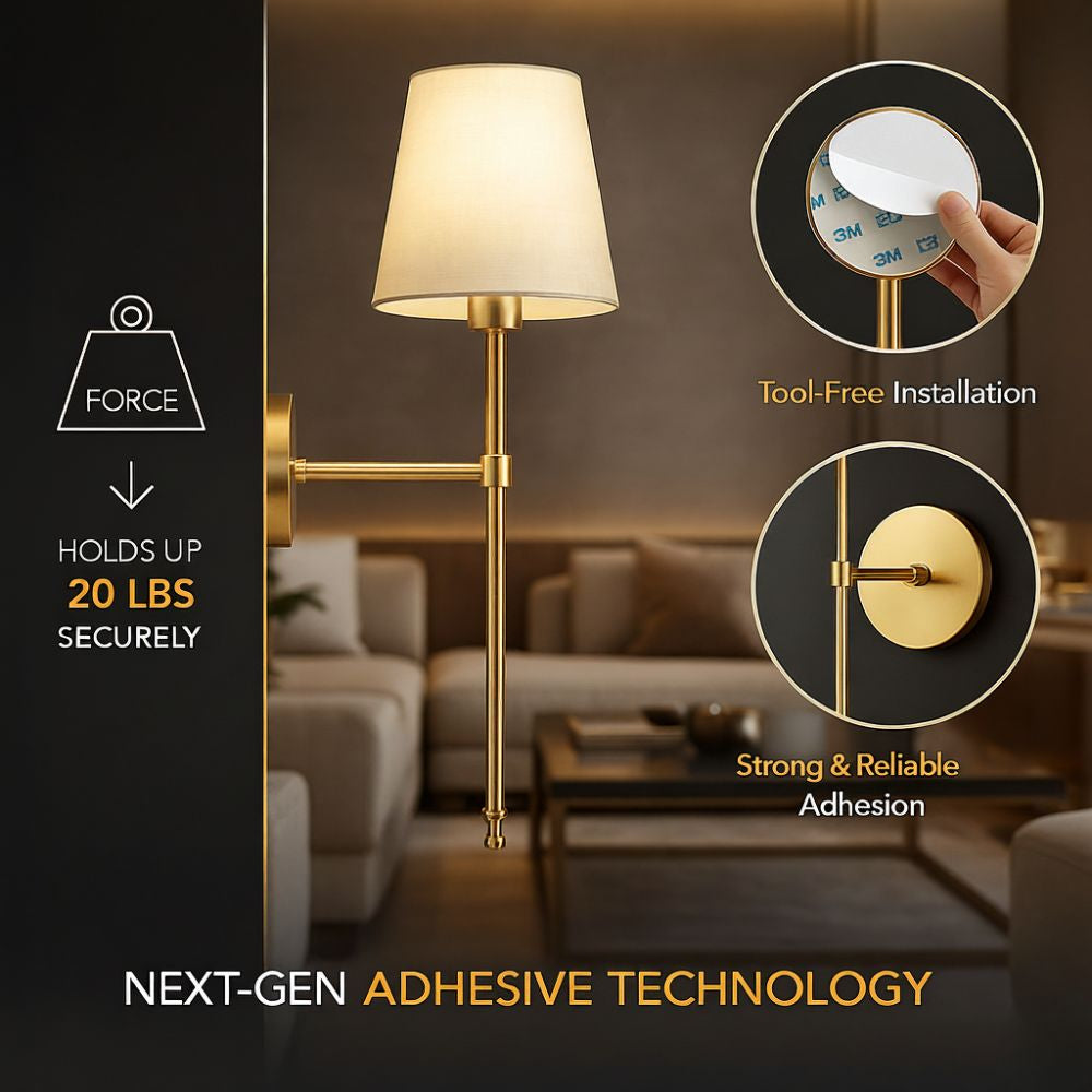 Wireless Wall Sconce Set of 2 No Drill Adhesive Mount Rechargeable LED Bulb Remote Dimmable Living Room