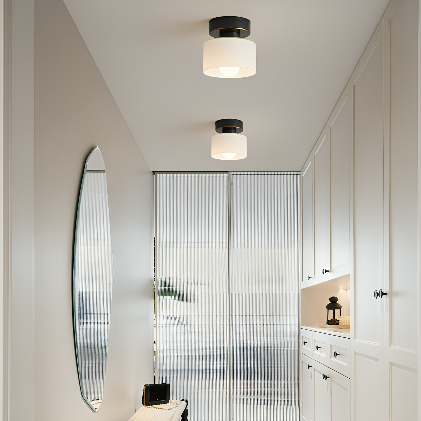 Frosted Glass Drum Shade Ceiling Light with Metal Base