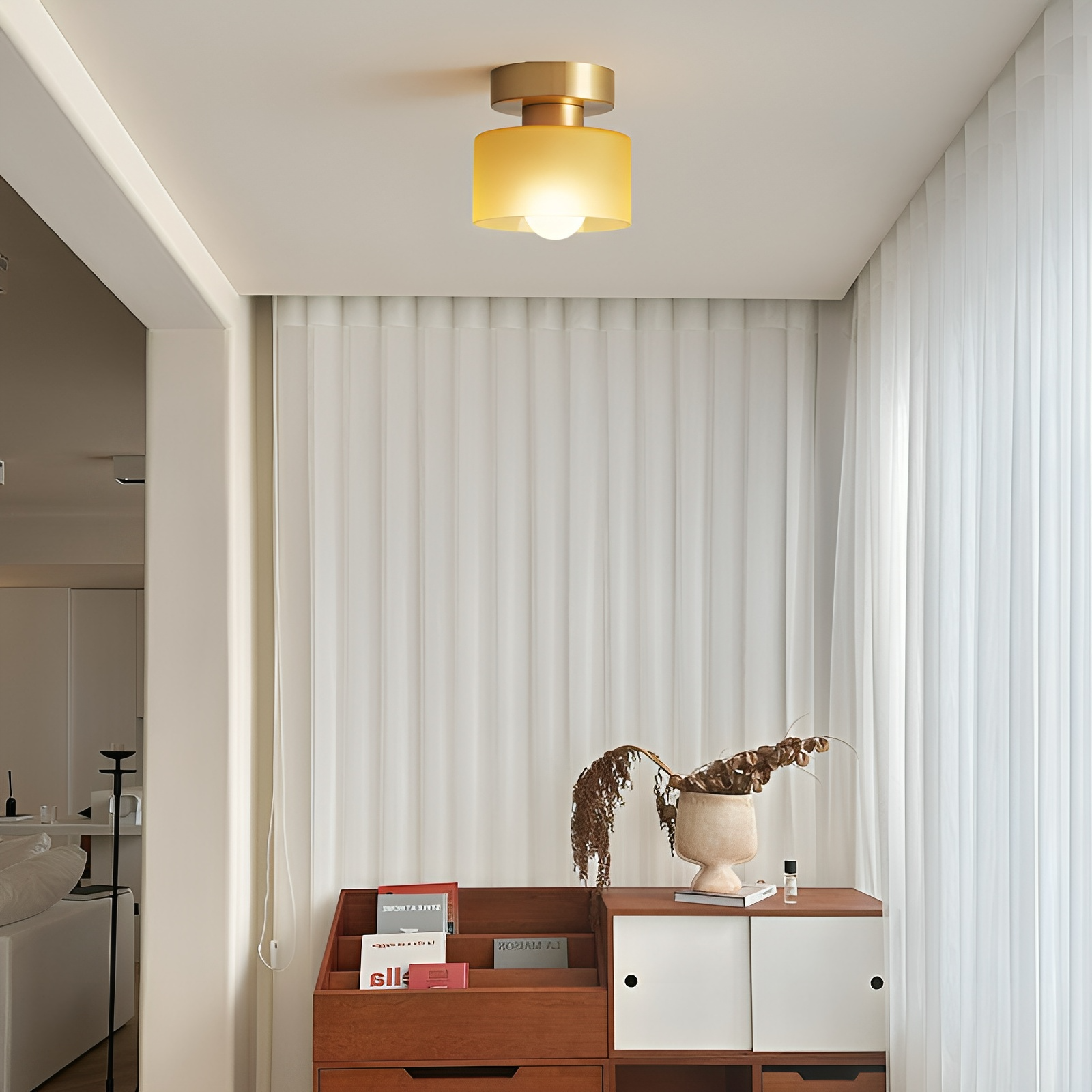 Frosted Glass Drum Shade Ceiling Light with Metal Base