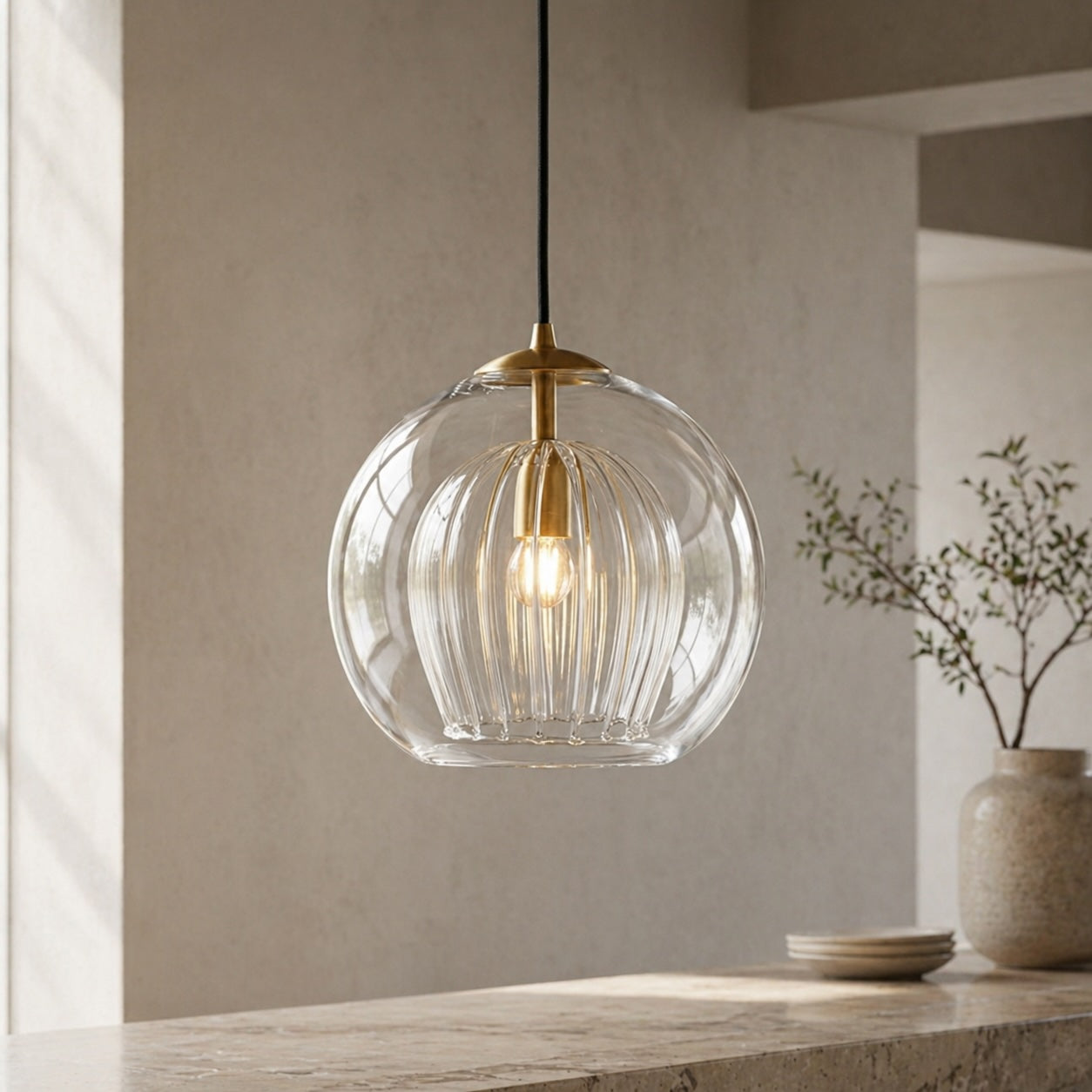 Glass Globe Pendant Light with Metal Frame