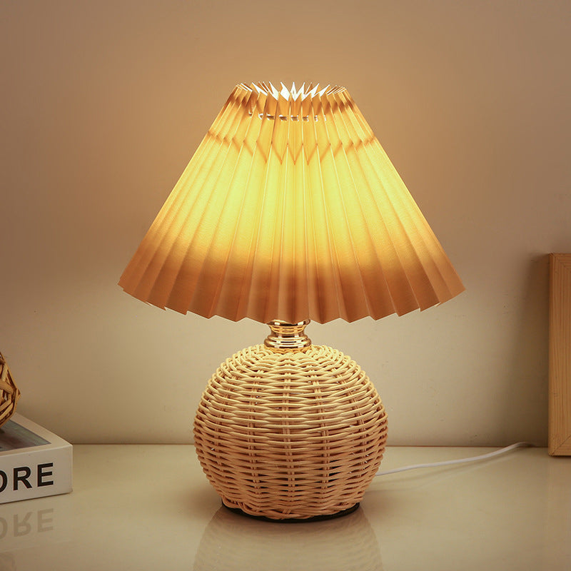 Rattan Table Lamp with Pleated Shade USB Dimmable LED