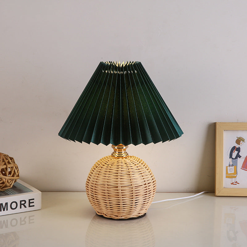 Rattan Table Lamp with Pleated Shade USB Dimmable LED
