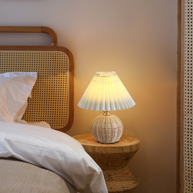 Rattan Table Lamp with Pleated Shade USB Dimmable LED