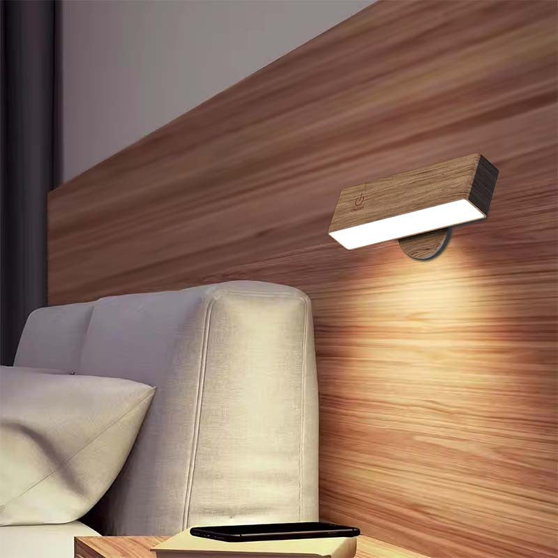 Rechargeable Wall Light Wood Magnetic Mount 360 Rotating Remote Dimmable Type-C Bedside Reading