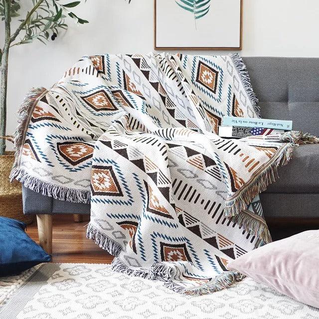 Polyester Cotton Jacquard Throw Blanket with Fringe