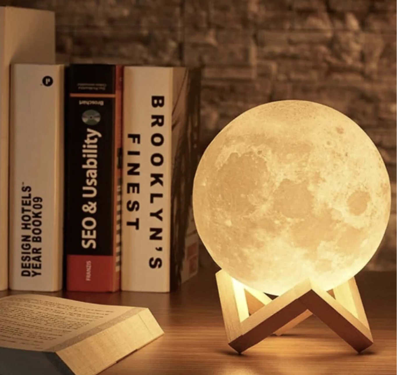 Rechargeable LED Moon Table Lamp with Wooden Stand