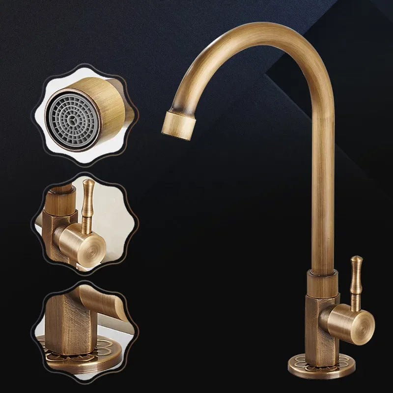 Kitchen Mixer Tap Swan Neck Brass Vintage Single Hole Ceramic Valve Tall Spout
