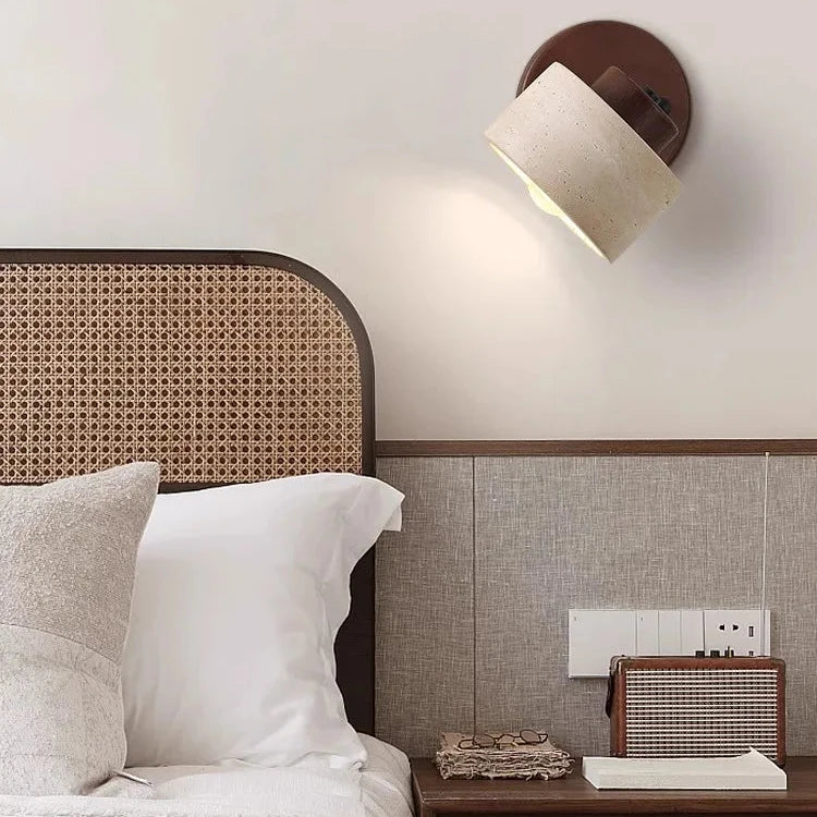 Wall Light Travertine Stone Wood Reading Study Bedside Bedroom Living Room