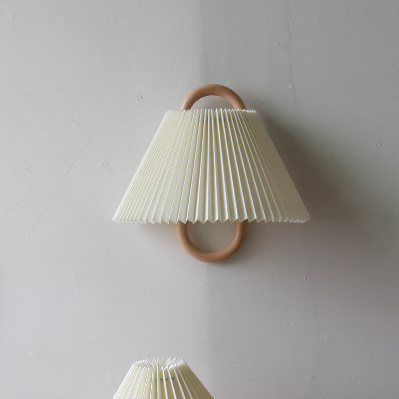 Wall Light Sconce Solid Wood Pleated Fabric Shade Semi Circle Bedroom Living Room