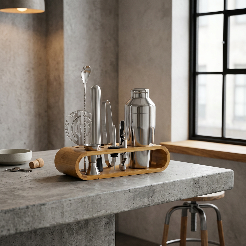 Stainless Steel Cocktail Shaker Set with Bamboo Stand