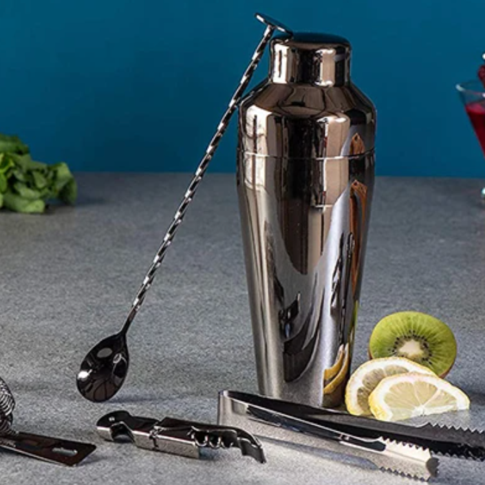 Stainless Steel Cocktail Shaker Set with Bamboo Stand