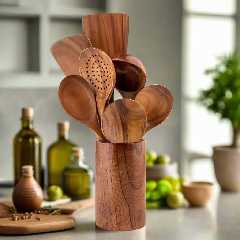 Teak Wood Kitchen Utensil Set with Cooking Spoons & Spatulas