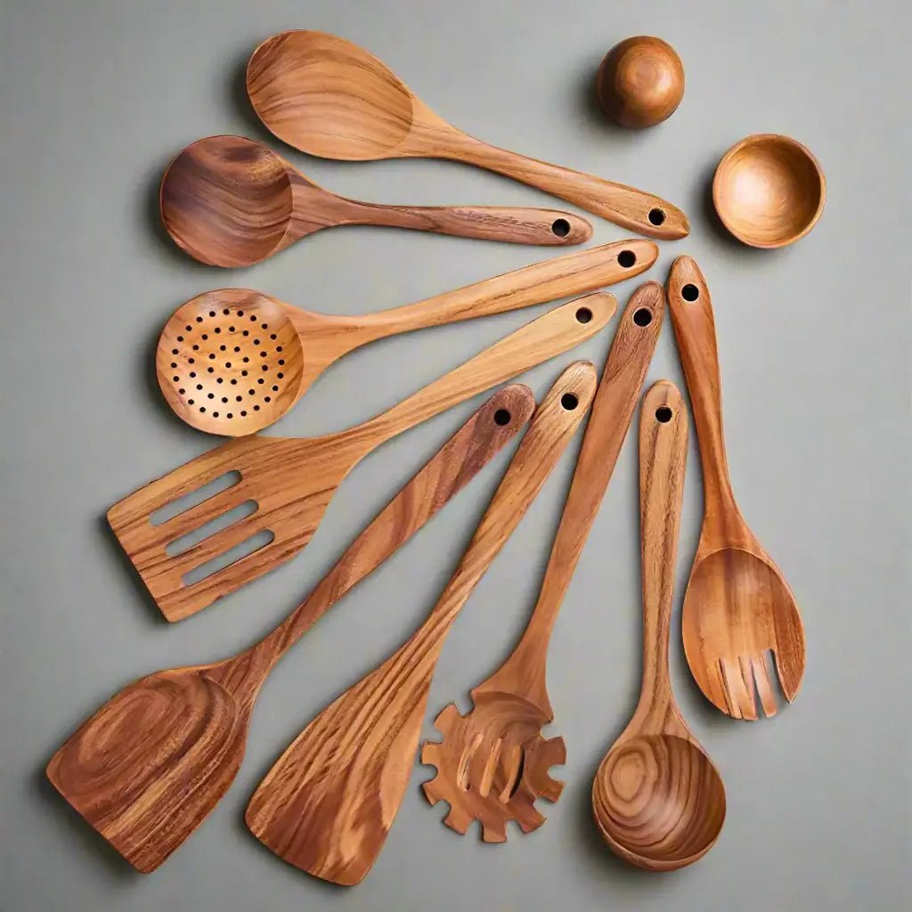 Teak Wood Kitchen Utensil Set with Cooking Spoons & Spatulas