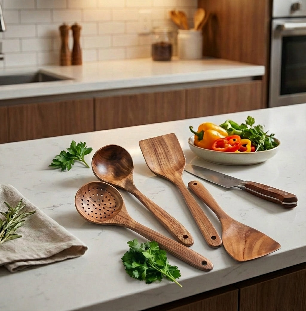 Teak Wood Kitchen Utensil Set with Cooking Spoons & Spatulas
