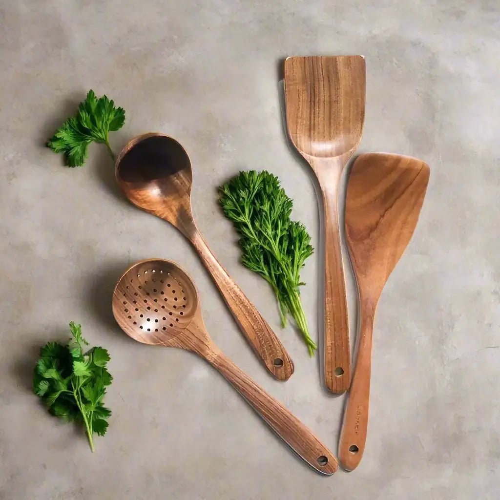 Teak Wood Kitchen Utensil Set with Cooking Spoons & Spatulas