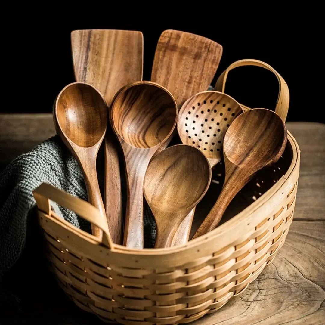 Teak Wood Kitchen Utensil Set with Cooking Spoons & Spatulas