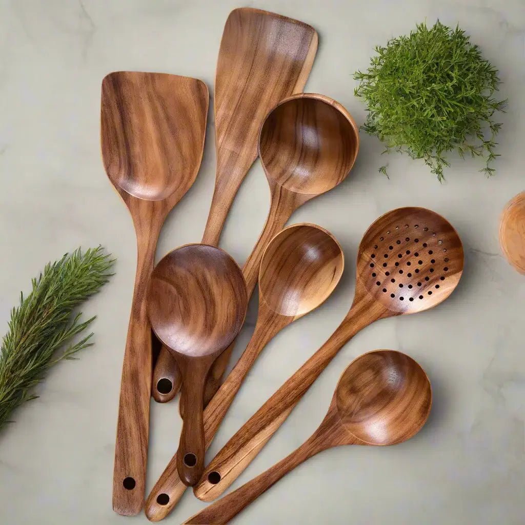 Teak Wood Kitchen Utensil Set with Cooking Spoons & Spatulas