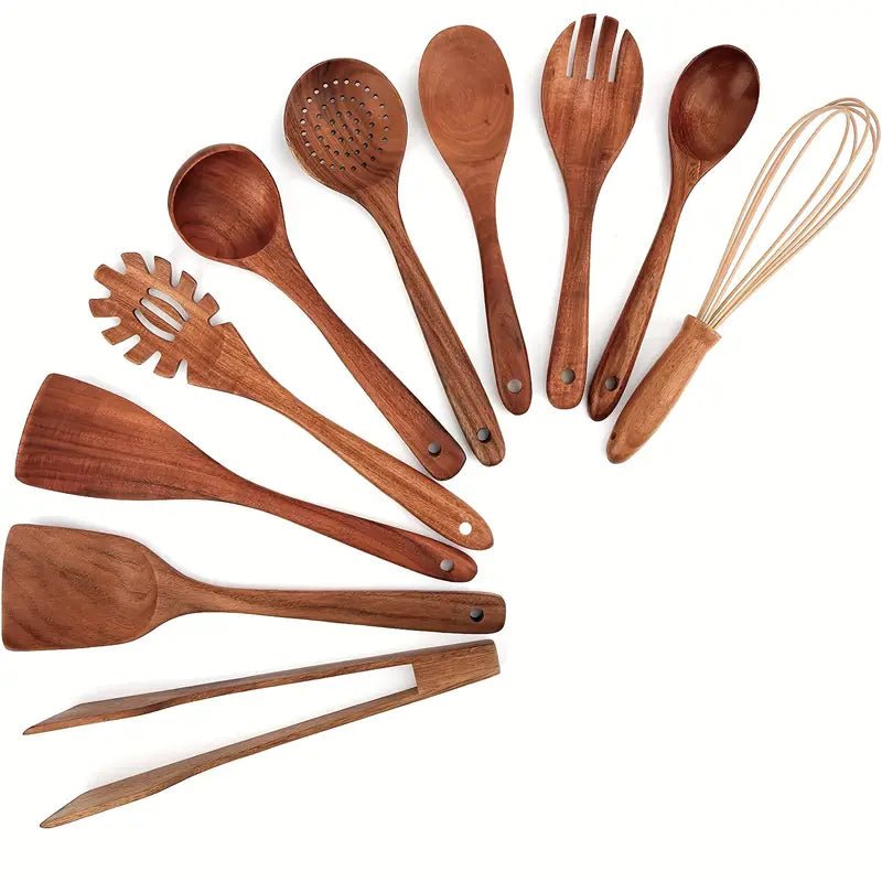 Teak Wood Kitchen Utensil Set with Cooking Spoons & Spatulas