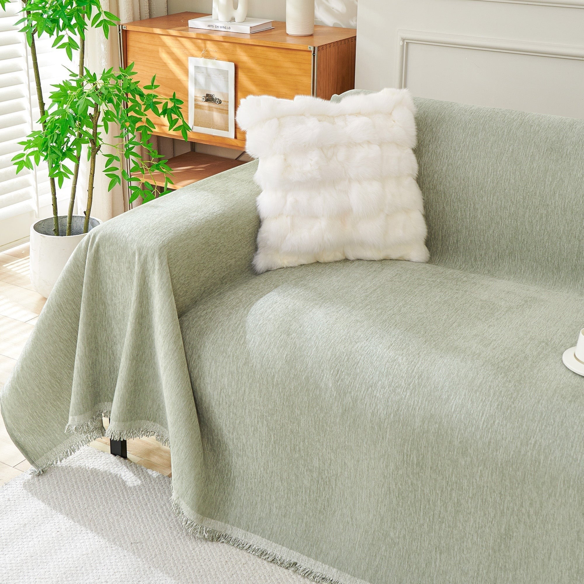 Textured Sofa Cover with Fringed Edges