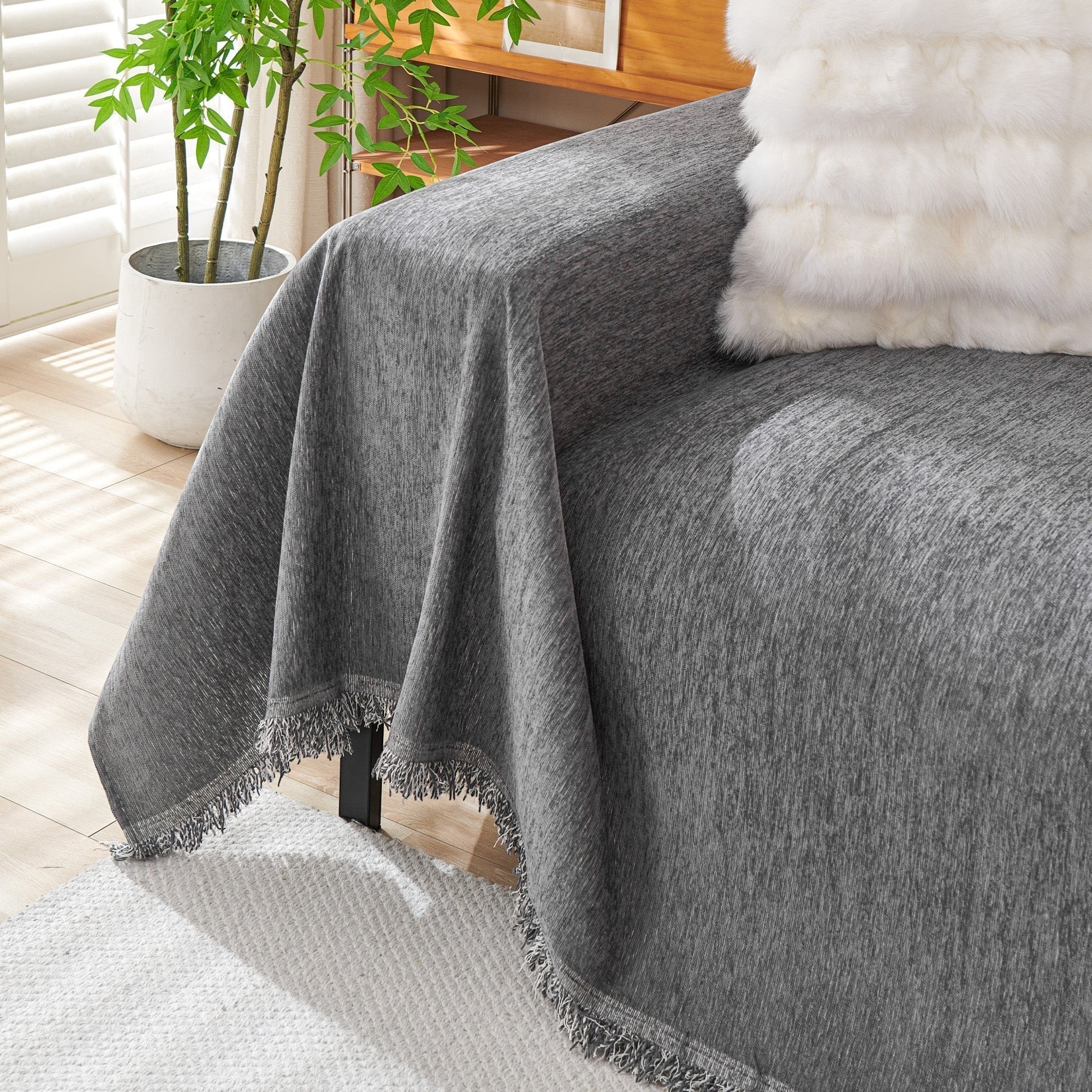 Textured Sofa Cover with Fringed Edges
