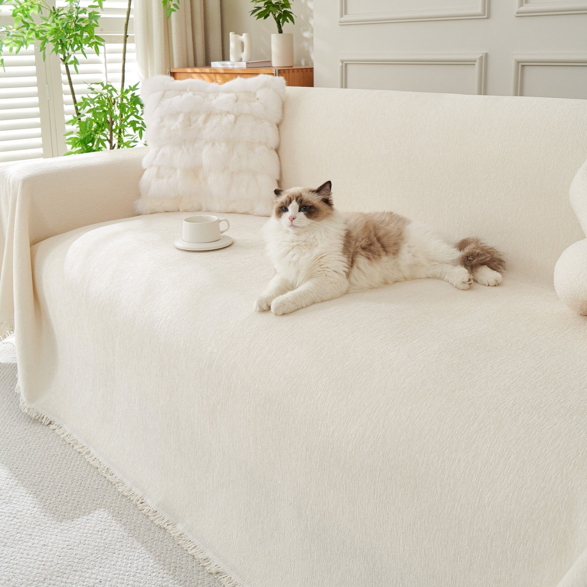 Textured Sofa Cover with Fringed Edges