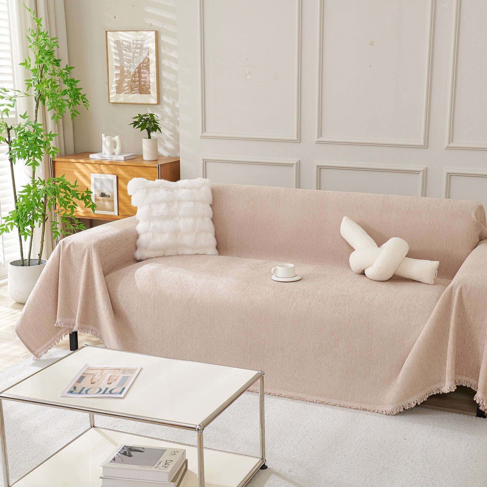 Textured Sofa Cover with Fringed Edges