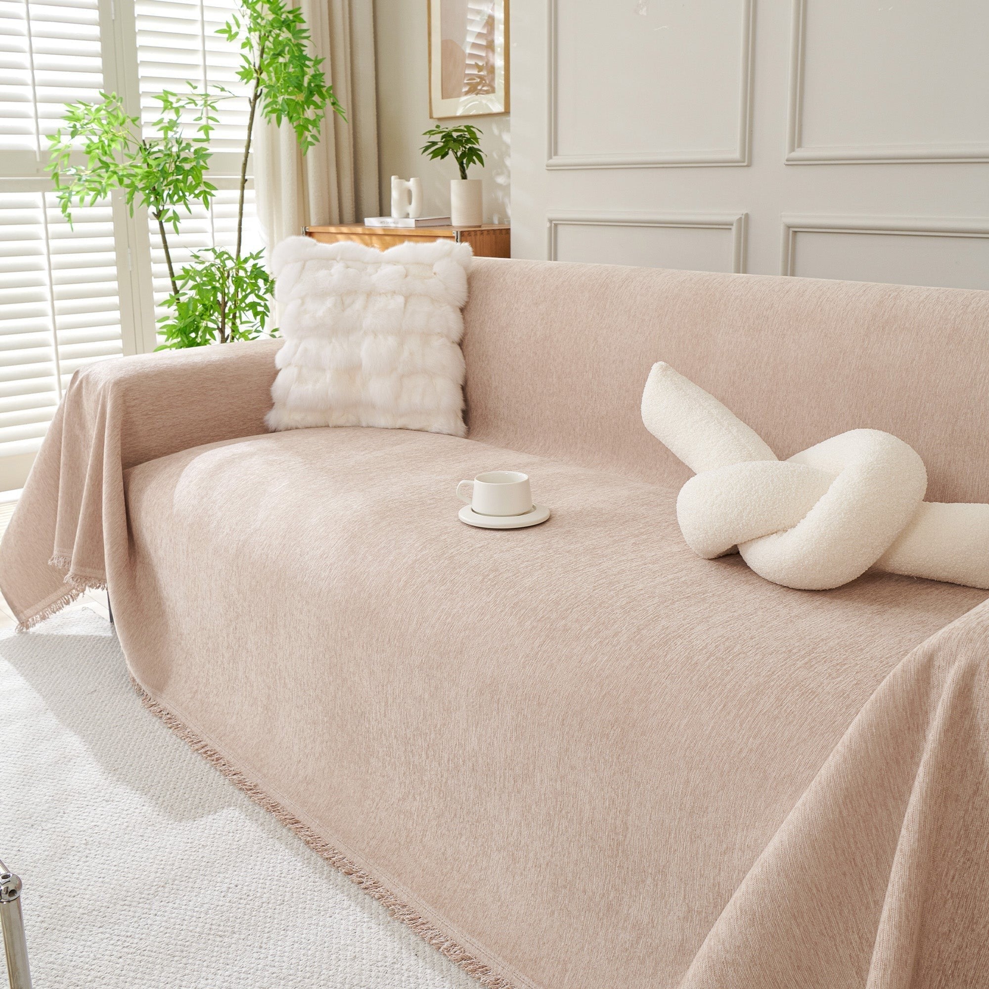 Textured Sofa Cover with Fringed Edges
